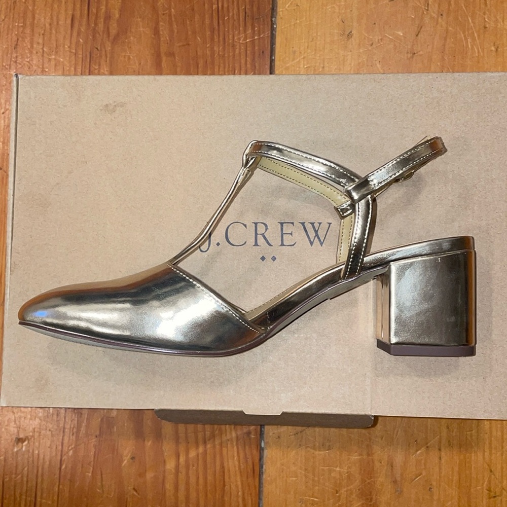 Shoe J Crew Ankle T- Strap Heel Gold NIB NEW size 8 1/2 - Picture 7 of 17